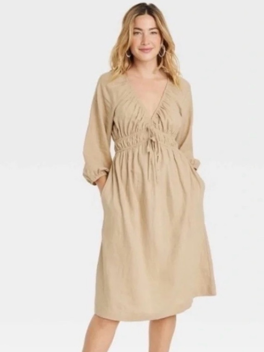 Universal Thread Tie-Front Puff 3/4 Sleeve Midi Dress in Tan XXL